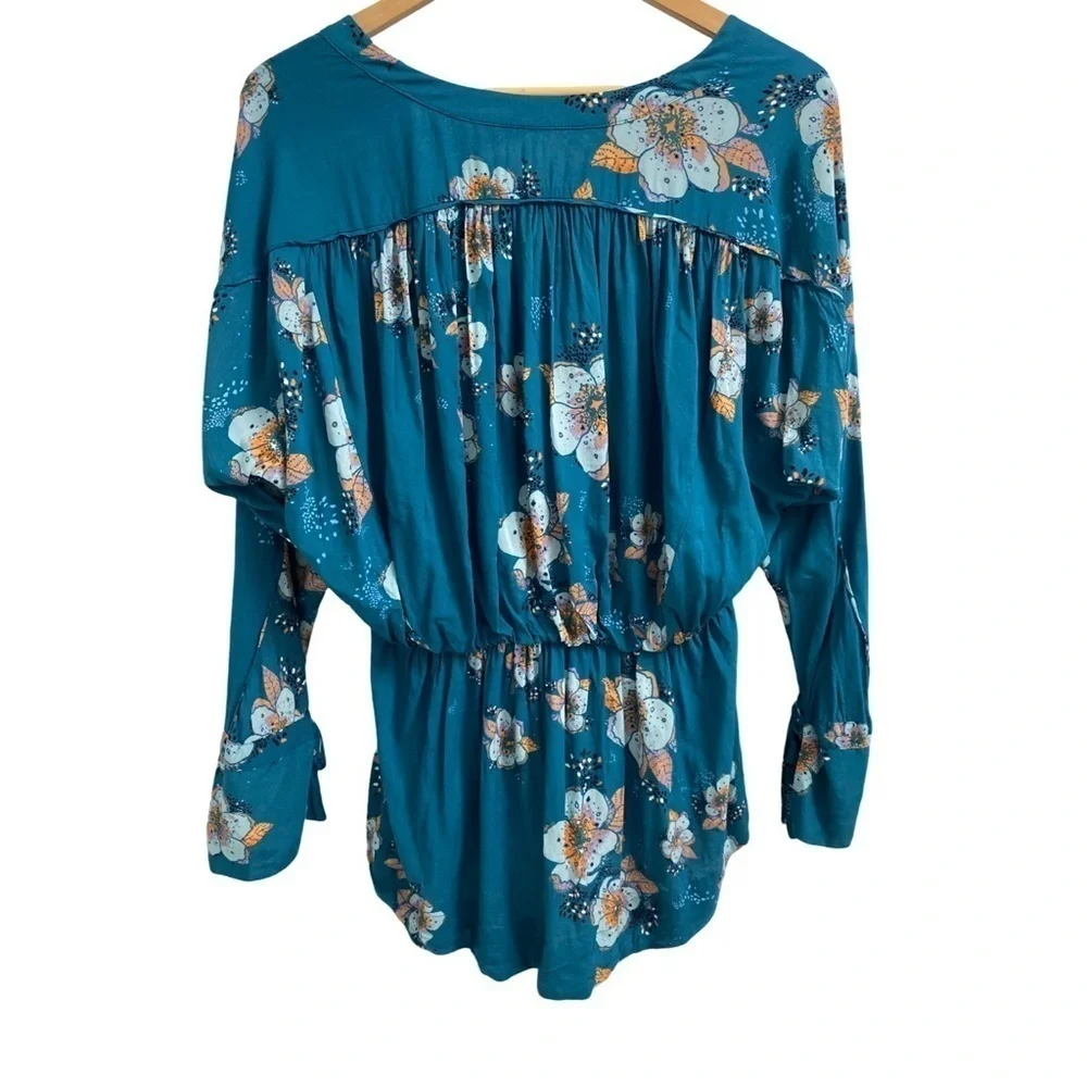 Free People Women’s Boho Floral Teal & Orange Long Sleeve Top Size XS